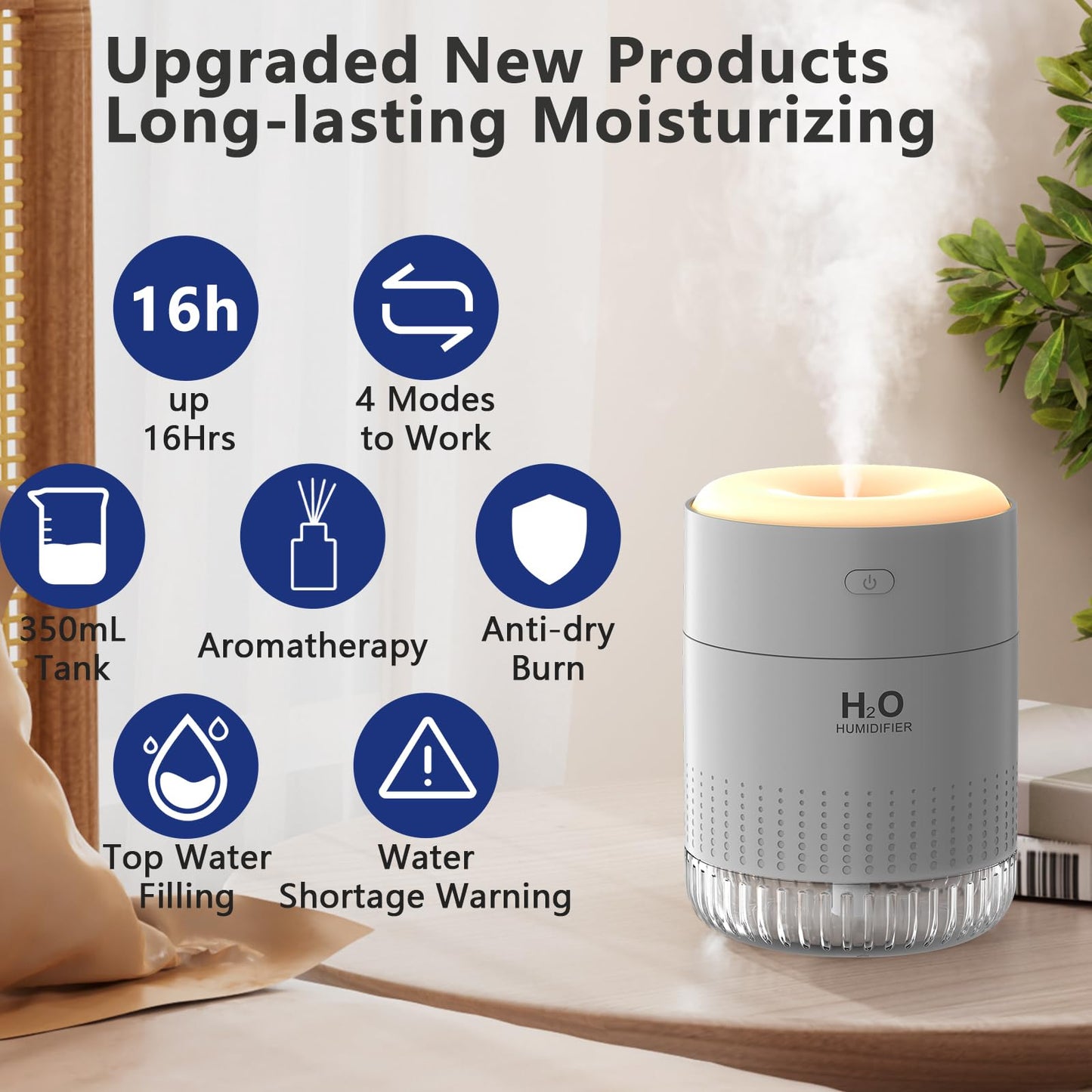 Colorful Mini Humidifier, USB Rechargeable Humidifier, small humidifier, 4 Modes Super Quiet, Humidifiers For Bedroom,Suitable For Travel Office Family Baby Bedroom-Grey