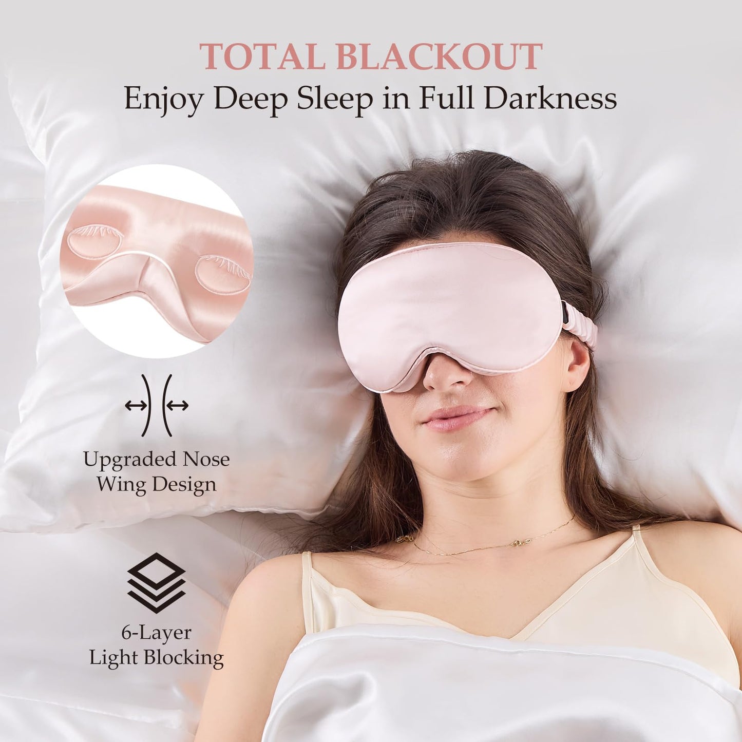 SGMSILK 100% 22 Momme Mulberry Silk Sleep Mask with Adjustable Strap, 3D Contoured Cup Silk Eye Mask for Sleeping, Total Black Out, Pink