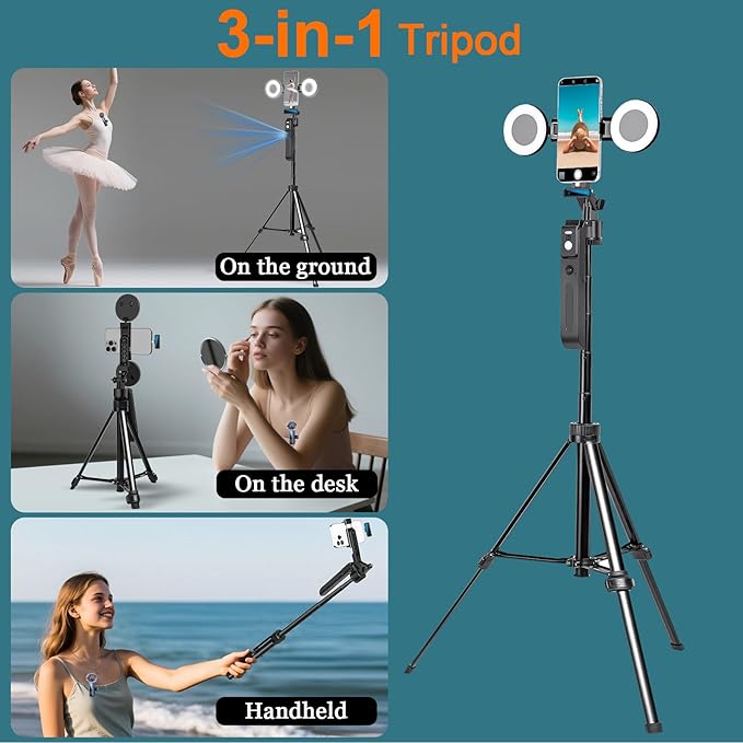 70.9” Auto Face Tracking Tripod for iPhone Anriod Phone,Vlogging Kit for iPhone,Content Creator Essentials,with Light / 360 Rotatable Tripod/Wireless Microphone/Remote