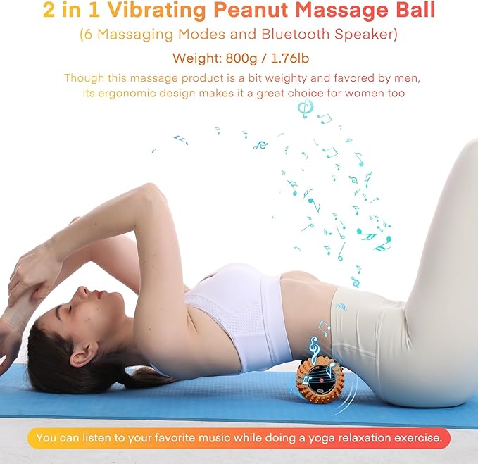 2 in 1 Vibrating Peanut Massage Ball with 6 Massaging Modes and Bluetooth Speaker, Rechargeable Vibrating Massage Yoga Roller Ball for Muscle Recovery, Orange