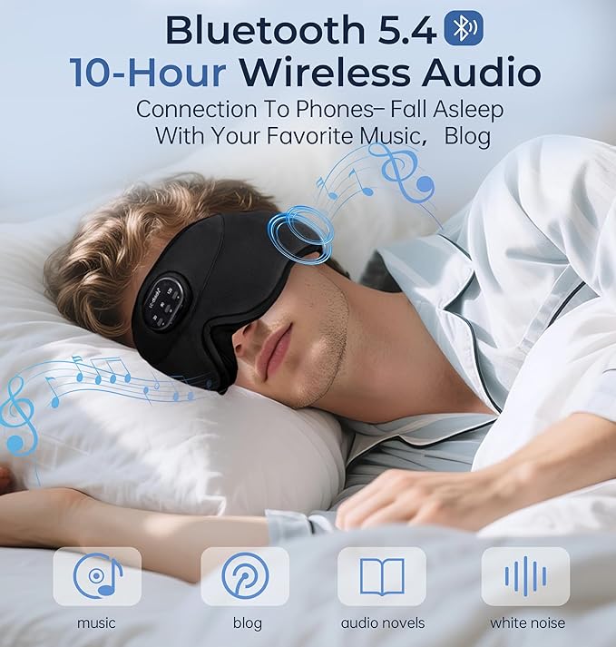 LC-dolida Bluetooth Sleep Mask with White Noise，Sleep Headphones,Bluetooth Wireless Music Eye Mask, Ideal for Travel, Night Work, Napping, Side Sleeping and Office Use for Both Men and Women
