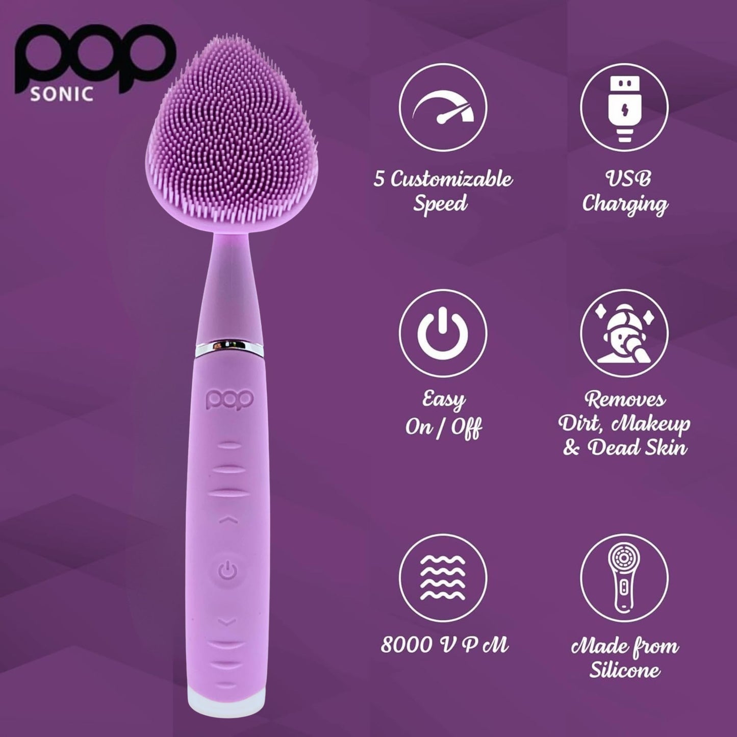 Clover Facial Cleansing Device Lavender Silicone Facial Cleaner & Exfoliator w/ 8000 Vibrations Per Minute, 5 Speeds, USB Rechargeable Face Cleaning Scrubber & Skincare Tool with Case