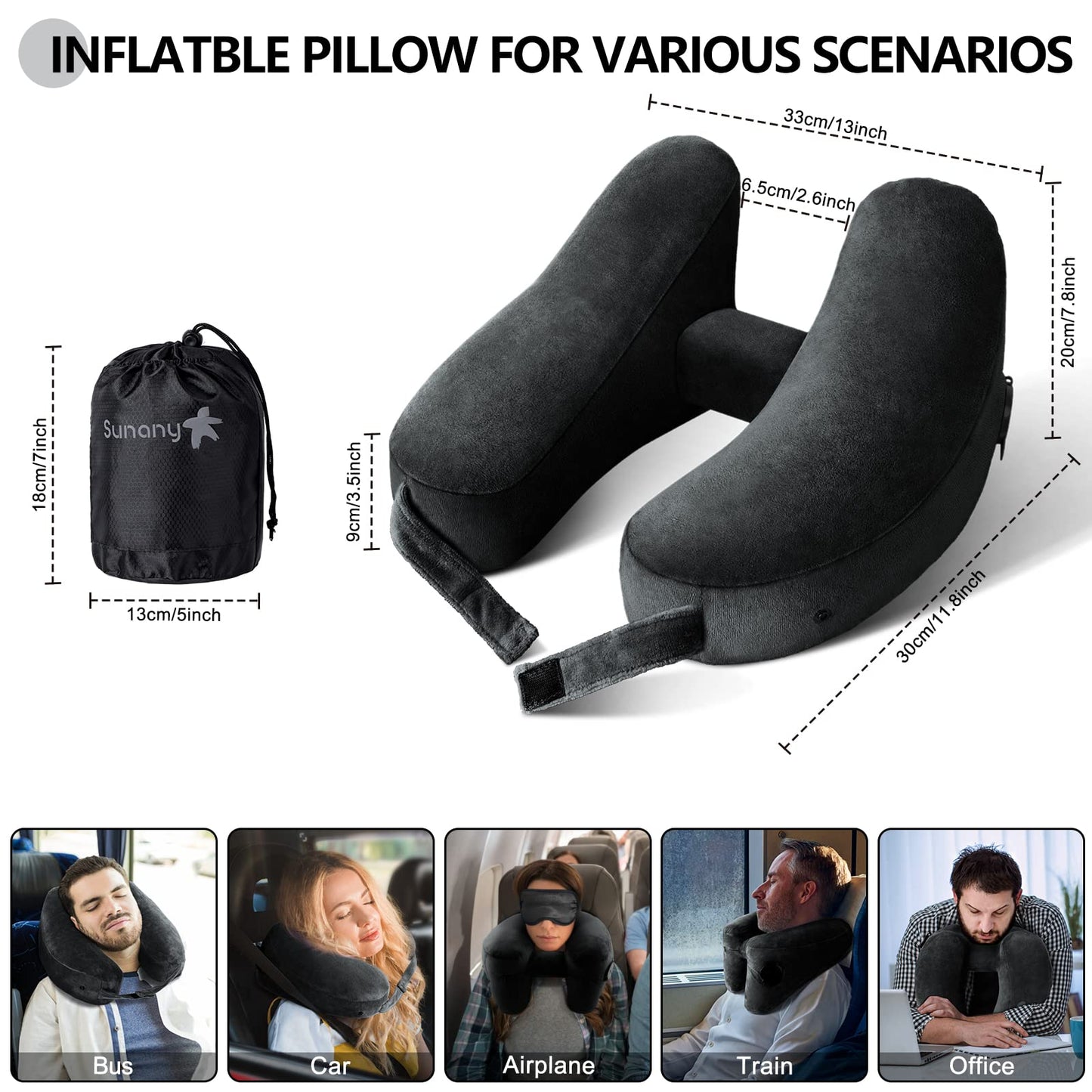 Sunany Neck Pillow for Travel Inflatable Airplane Pillow Comfortably Supports Head, Neck and Chin, Inflatable Travel Pillow with Soft Velour Cover and Portable Drawstring Bag (Black)