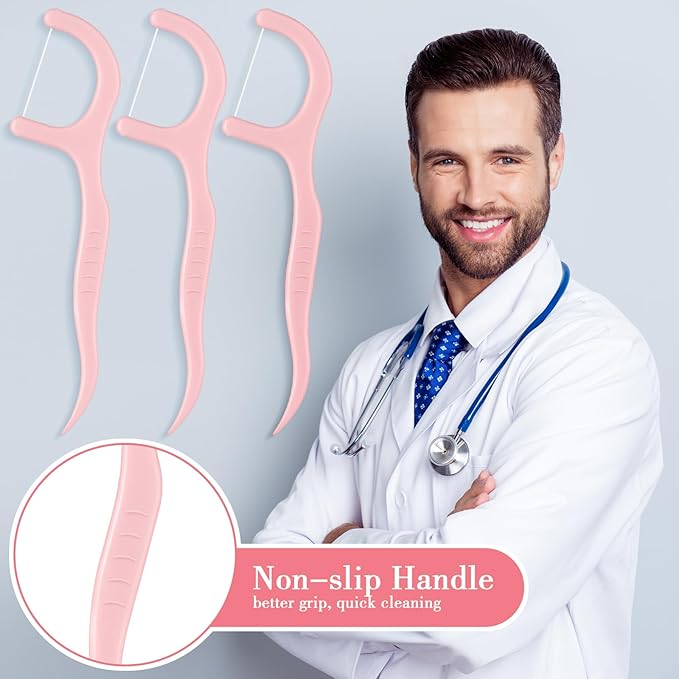 Baderke 200 Count Floss Picks Bulk Non Breakable Tooth Picks Flosser Dental Floss Sticks for Adults Teeth Cleaning Dental Flossers for Family Pack Travel(Light Pink)