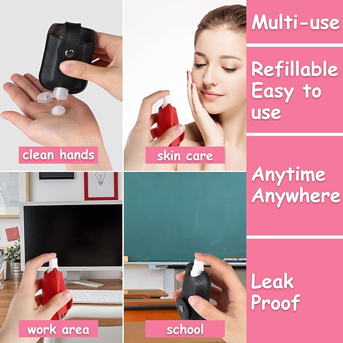 2 PCS Hand Sanitizer Travel Size Spray Case, Premium PU Leather Hand Sanitizer Keychains with Door Opener Tool, Spray or Squeeze, Refillable, Red, Black, Empty