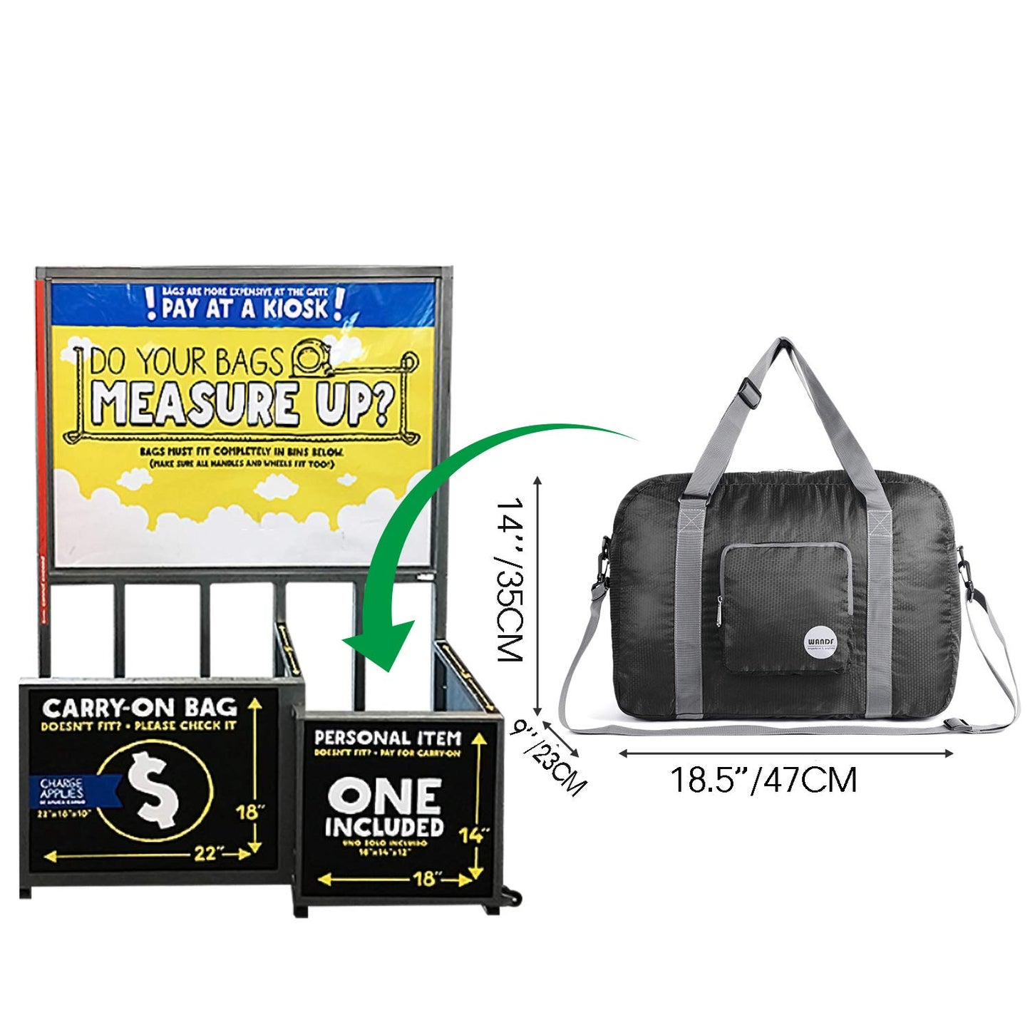 WANDF For Spirit Airlines Personal Item Bag 18x14x8 Foldable Travel Duffel Carry on Weekender Overnight for Women Men