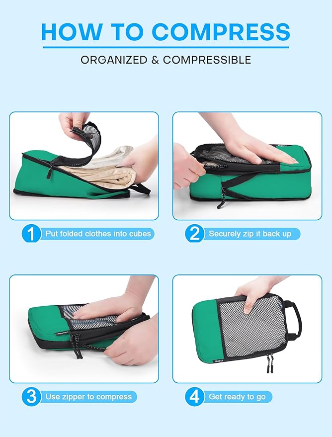 4 PCS Set Compression Packing Cubes for Travel, Lightweight Packaging Organizer Bags for Carry On Space Saving, Travel Essentials Cubes for Suitcase Backpack, Green