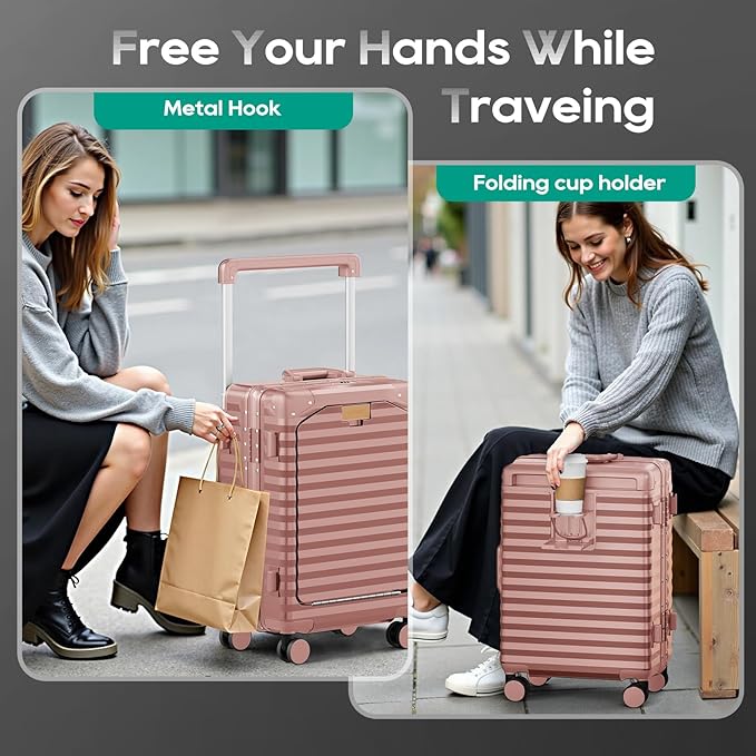 Joyway 20 Inch Carry on Luggage with Aluminium Frame and Front Pocket, PC Hardshell Suitcase with USB Port and Cup Holder, 21.5x14.2x9 Airline Approved, Luggage with Spinner Wheel TSA Lock(Rose Gold)