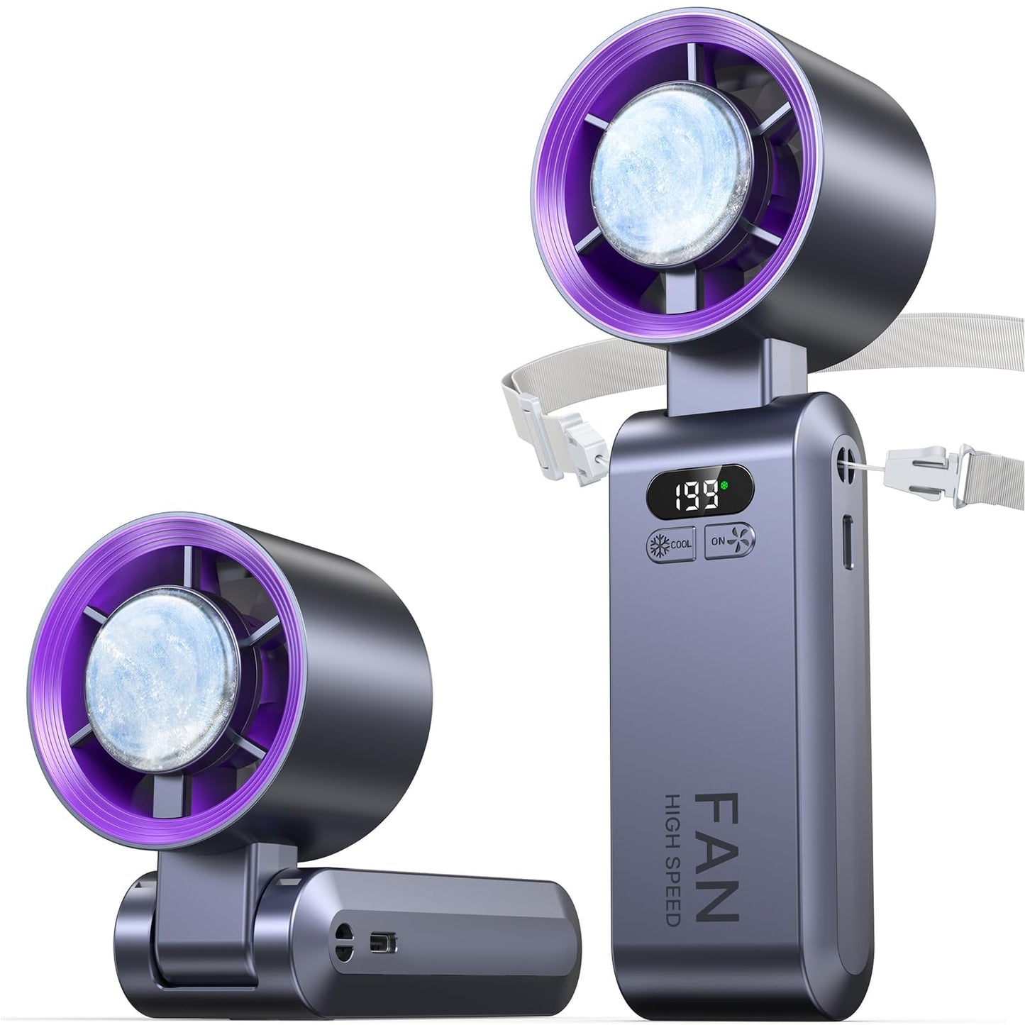 Handheld Portable Turbo Fan with Ice Cooler, Speed (1-199) 5500mAh Rechargeable Personal Fan,[20H Cooling Time] Mini Yet Powerful [20000 RPM] Small Pocket Fans for Travel/Outdoor/Home/Office, Purple
