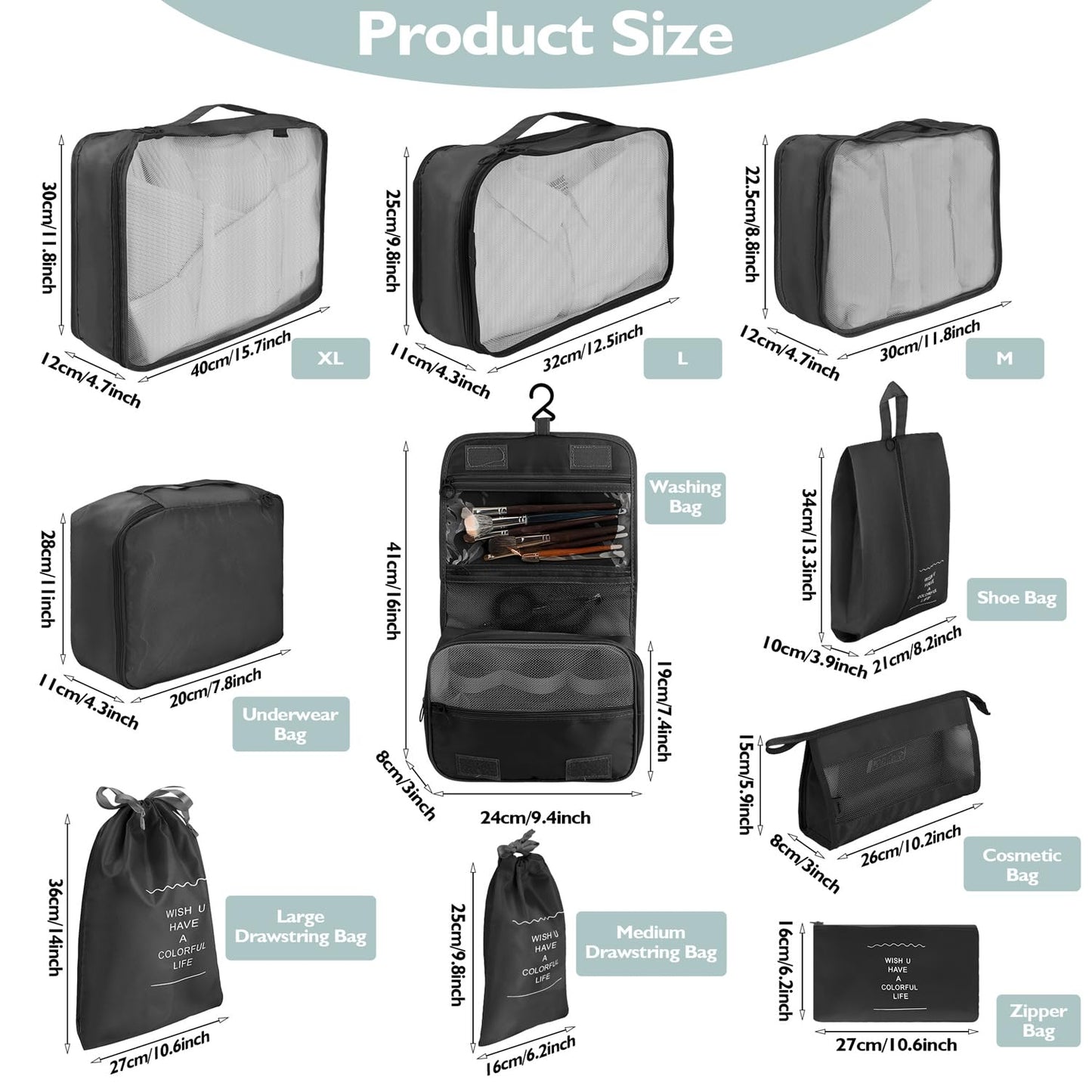 10 Set Packing Cubes for Travel - Black Suitcase Organizer With Toiletry Bag, Mesh Breathable Luggage Organizer Bags, Travel Essentials for Women Accessories