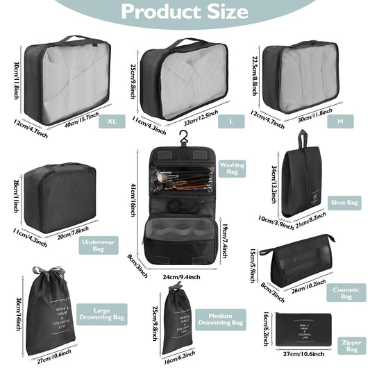 10 Set Packing Cubes for Travel - Black Suitcase Organizer With Toiletry Bag, Mesh Breathable Luggage Organizer Bags, Travel Essentials for Women Accessories