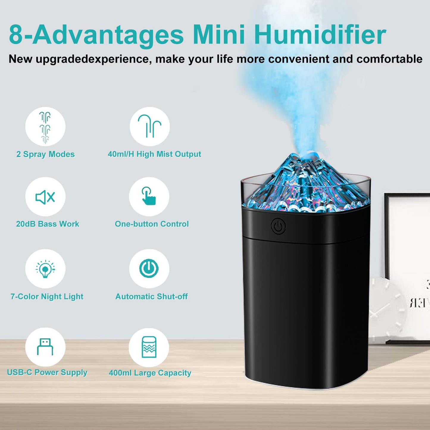 Portable Mini Humidifier, 400ml Small Humidifier with 2 Modes Large Spray, USB Personal Desktop Humidifiers for Home Bedroom Car Office Travel Yoga with 7 Color LED Light, Auto-Off, Bass Work(Black)