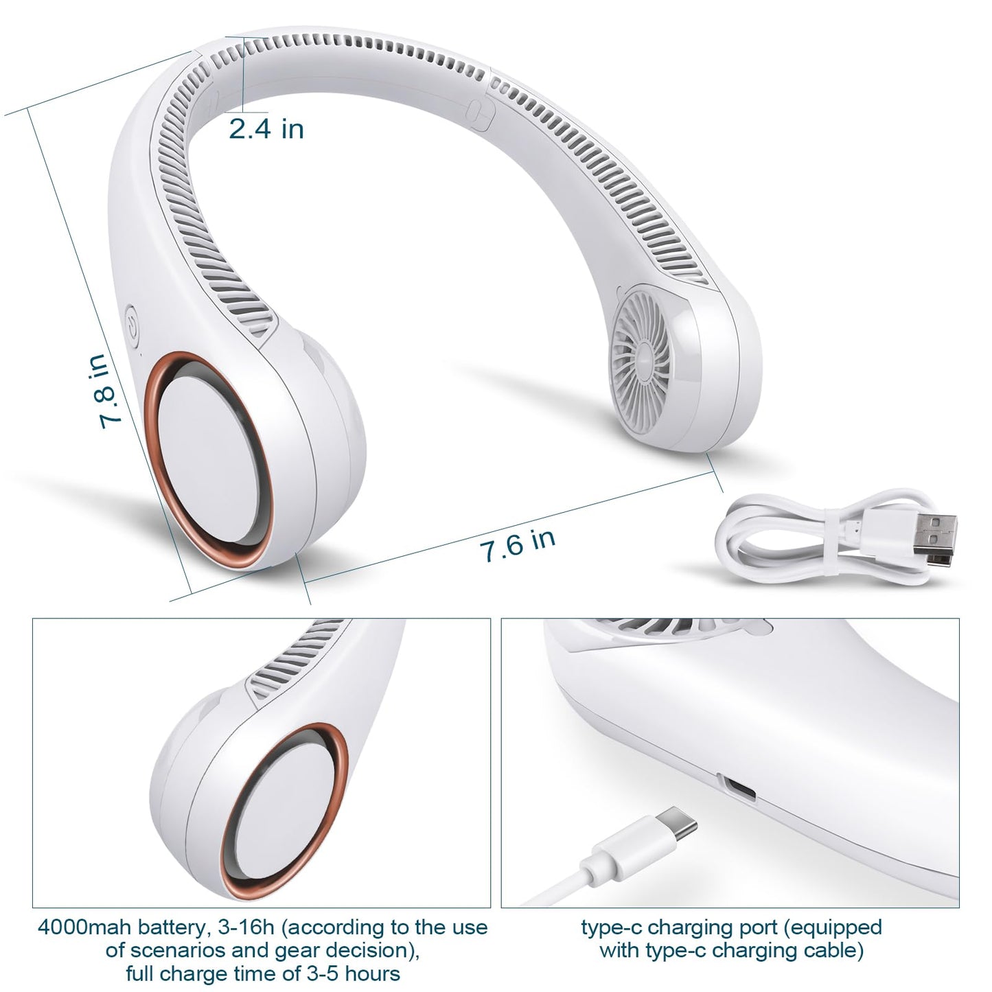 CIVPOWER Neck Fan: Portable Personal Neck Cooling Rechargeable Bladeless Fan - Hands Free 3 Speed 4000 mAh Battery USB Operated Wearable Headphone Design - for Men Women Outdoor Indoor (White)