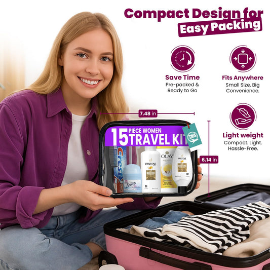 Trektote Travel Toiletry Kit For Women – 15 Piece Set of Premium Travel Size Toiletries, TSA Compliant Travel Essentials, Includes Shampoo And Conditioner, Body Wash, Toiletry Bag & More