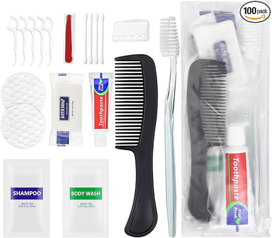 100 Sets Personal Hygiene Kit Bulk, Disposable Toothbrushes with Toothpaste Floss Comb Soap Cover Shampoo Body Wash and Vanity Kit, Toiletry Kits Homeless Supplies Bulk for Women,Men,Travel,Homeless