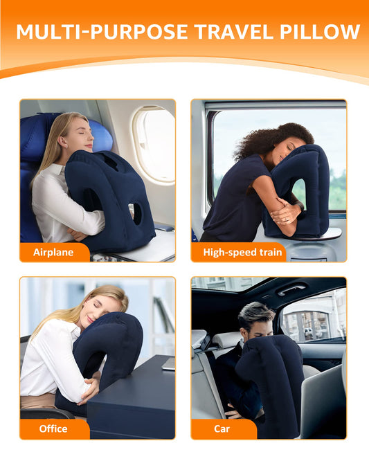 Sunany Travel Pillow, Inflatable Neck Pillow Used for Airplanes/Cars/Buses/Trains/Office Napping with Eye Mask/Earplugs (Blue)