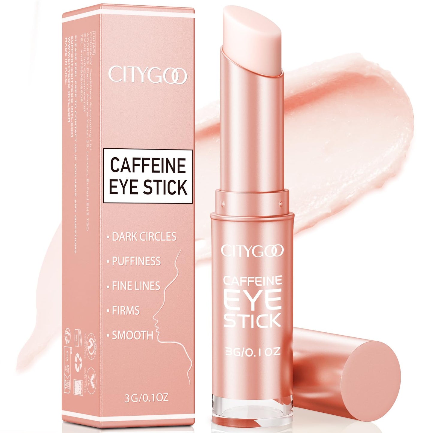 CITYGOO Caffeine Eye Cream Stick: Anti-Aging Firming & Moisturizing Balm for Dark Circles Puffiness & Eye Bags - Travel-friendly for Women (Pink)