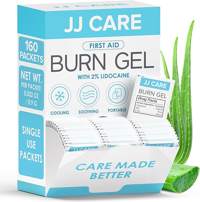 JJ CARE Burn Gel (Pack of 160), Soothing Burn Gel Packets for Minor Burns, First Aid Jel & Sunburn Relief Individual Packets with Lidocaine and Aloe Vera (0.9 Grams per Packet)