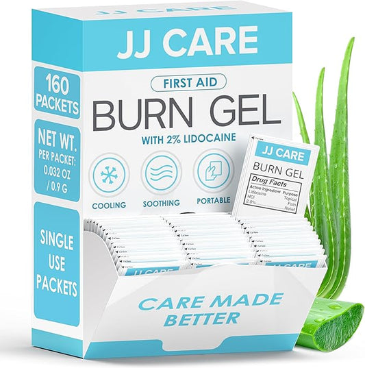JJ CARE Burn Gel (Pack of 160), Soothing Burn Gel Packets for Minor Burns, First Aid Jel & Sunburn Relief Individual Packets with Lidocaine and Aloe Vera (0.9 Grams per Packet)