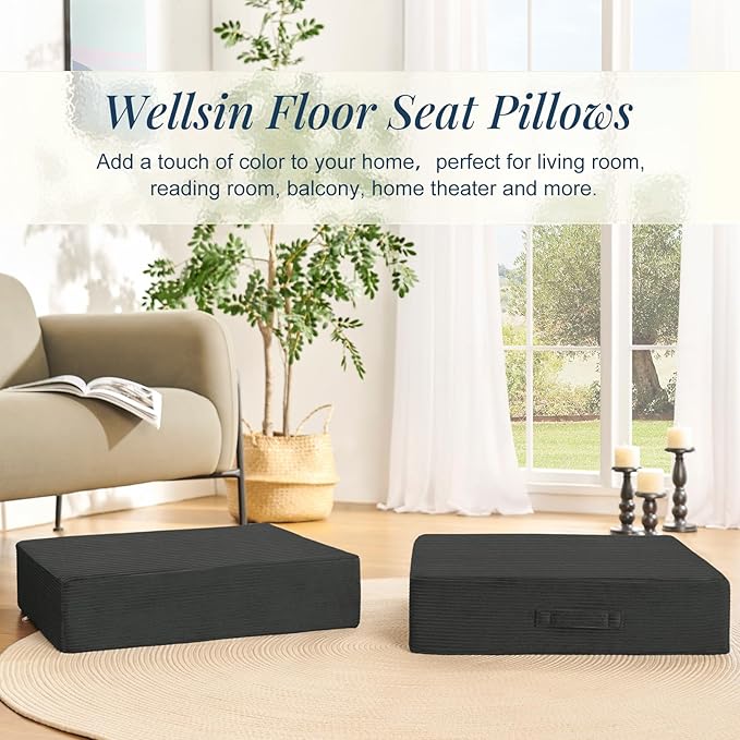 Wellsin Solid Square Floor Pillows for Adults Kids - Large Meditation Floor Pillow Seating Cushion with Thick Foam & Washable Velvet Cover, 2 Pack, 22x22x5 Inch, Gray