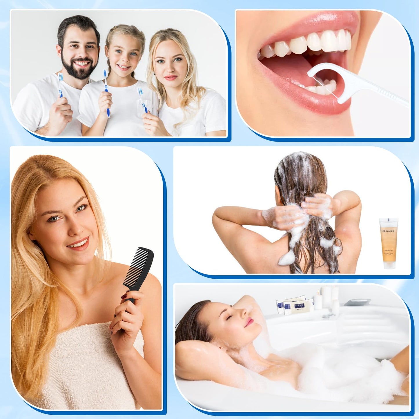 SLequipo Pack of 3 Hygiene Kit, Hygiene Kit Bulk, Individually Packed, Travel Hygiene Kit with Toothbrush, Toothpaste, Comb, Shampoo, Soap and Floss Picks, Home, Suitable for Hotel, Camping, Travel