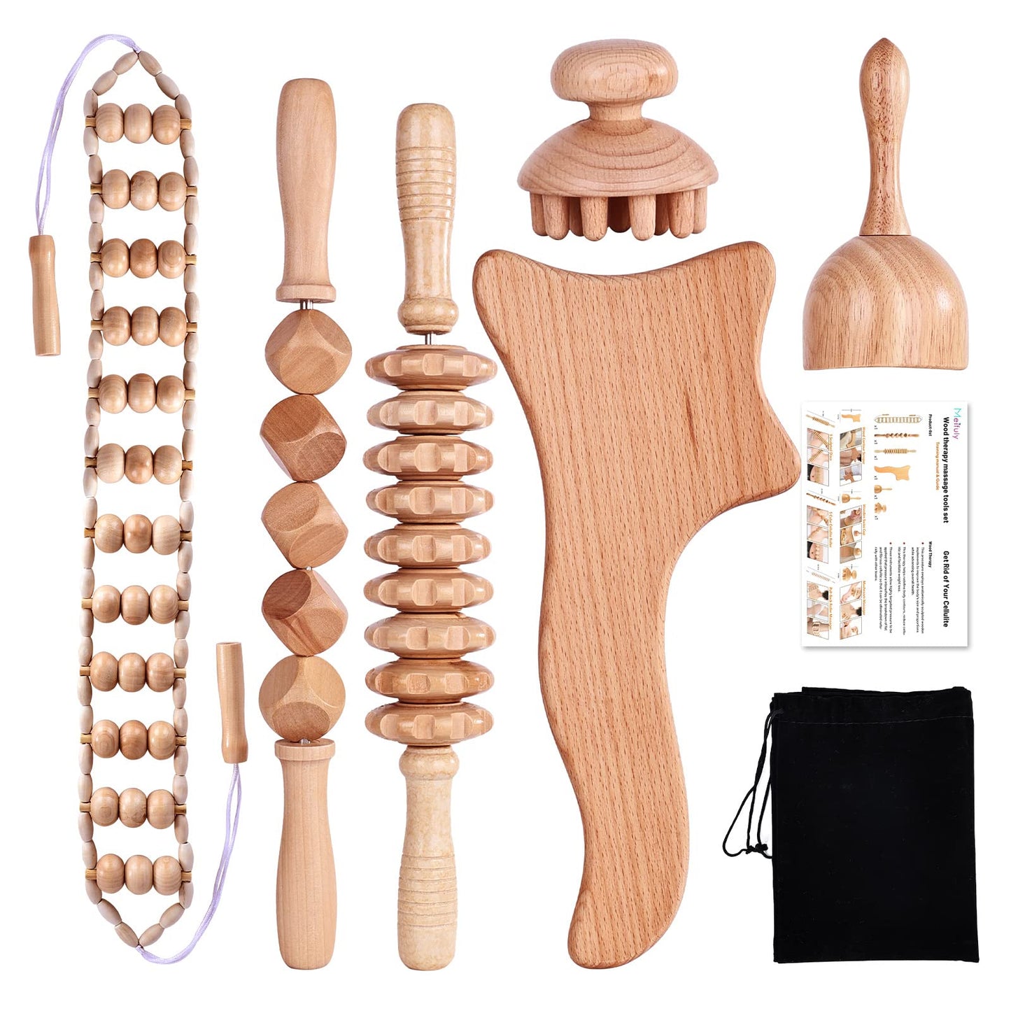 6 Pcs Wood Therapy Massage Tools, Meifuly Professional Complete Maderotherapia Wooden Massager Kit for Body Shaping, Lymphatic Drainage, Muscle Pain Relief, Anti-Cellulite (with Storage Bag)