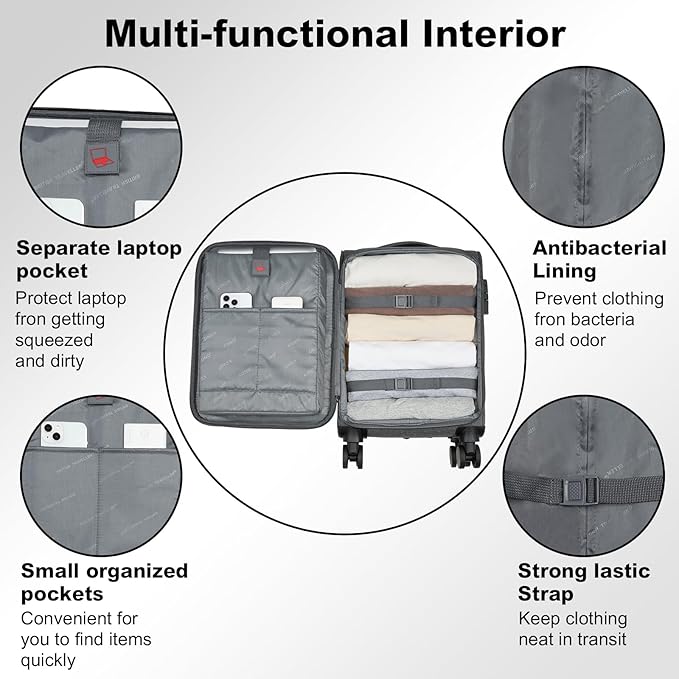 Kono 20 Inch Softside Carry On Luggage Airline Approved 20 Inch Spinner Wheels Lightweight Waterproof Suitcase with TSA Lock for Business Travel (Small, Grey)