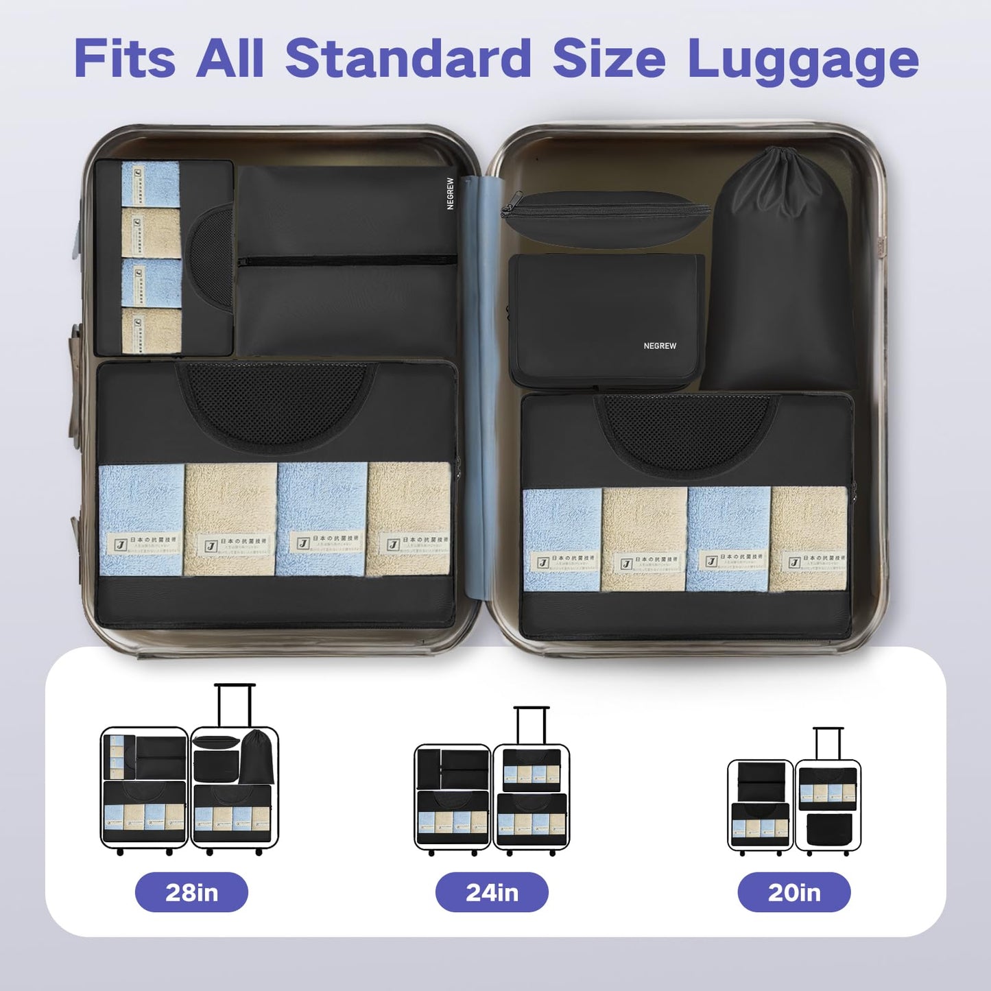 Compression Packing Cubes for Travel, 8 Set Packing Cubes for Suitcases, Breathable Mesh Travel Bags Organizer for Luggage Lightweight Vacation Essentials Accessories (Black)