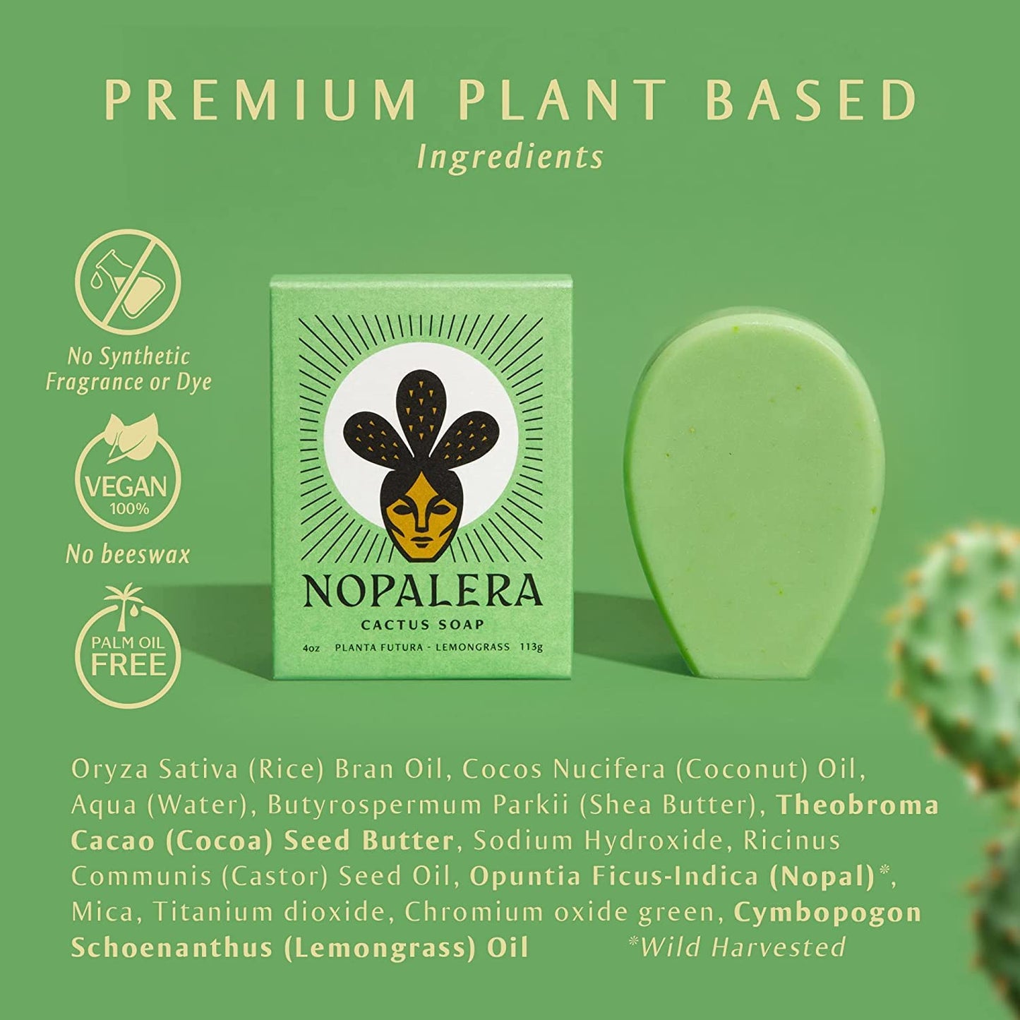 Nopalera Bar Soap, Lemongrass Essential Oils - Natural Body and Face Cleanser, Moisturizing and Exfoliating, Soft Skin Care Made With Clean, Vegan Ingredients, 4 oz
