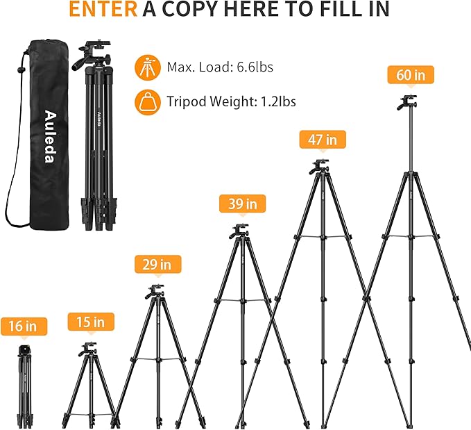 60″ Camera Tripod Lightweight Travel Tripod Stand Compatible with Canon Nikon DSLR Cameras with Wireless Remote Phone Holder and Bag Max Load 6.6 LB Black