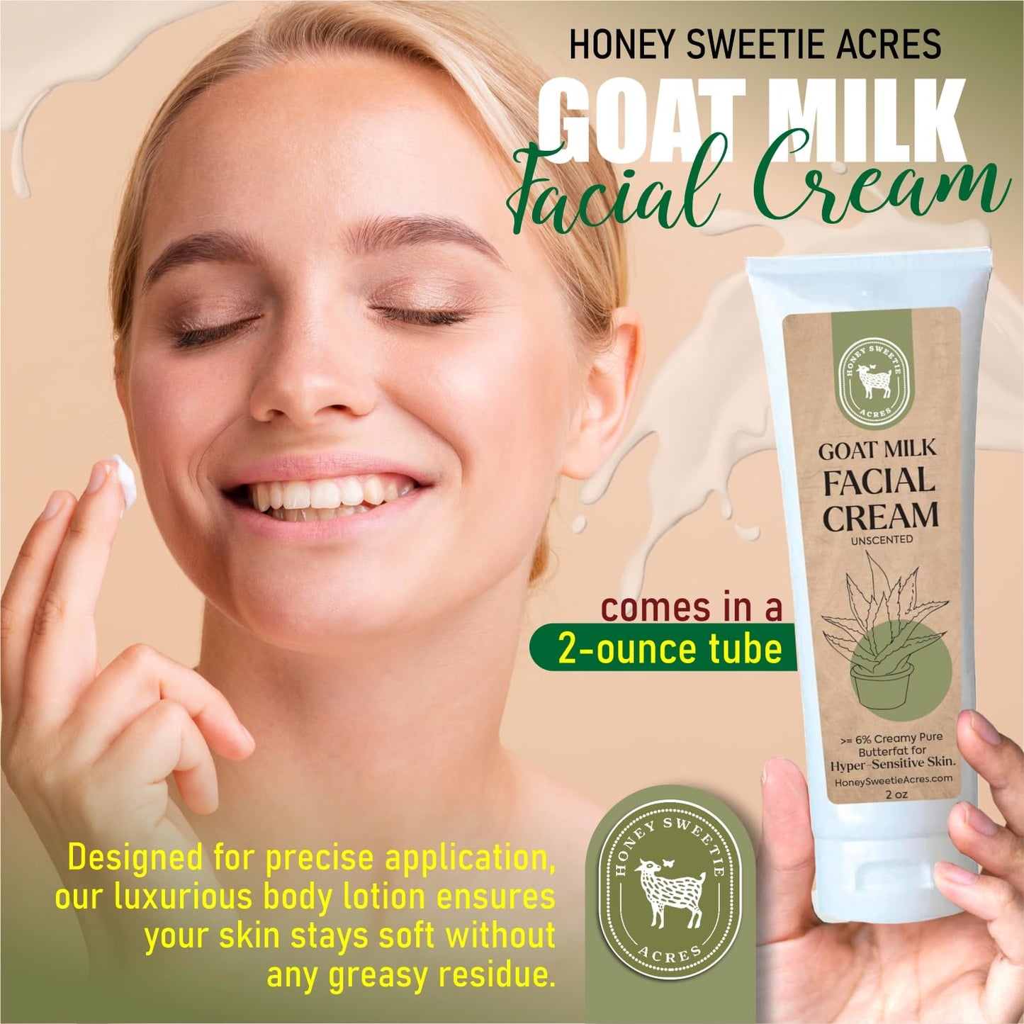 Honey Sweetie Acres Goat Milk Facial Cream – 2 oz – Moisturizer with Aloe, Jojoba & Avocado Oils, Fragrance-Free & Paraben-Free Face Cream