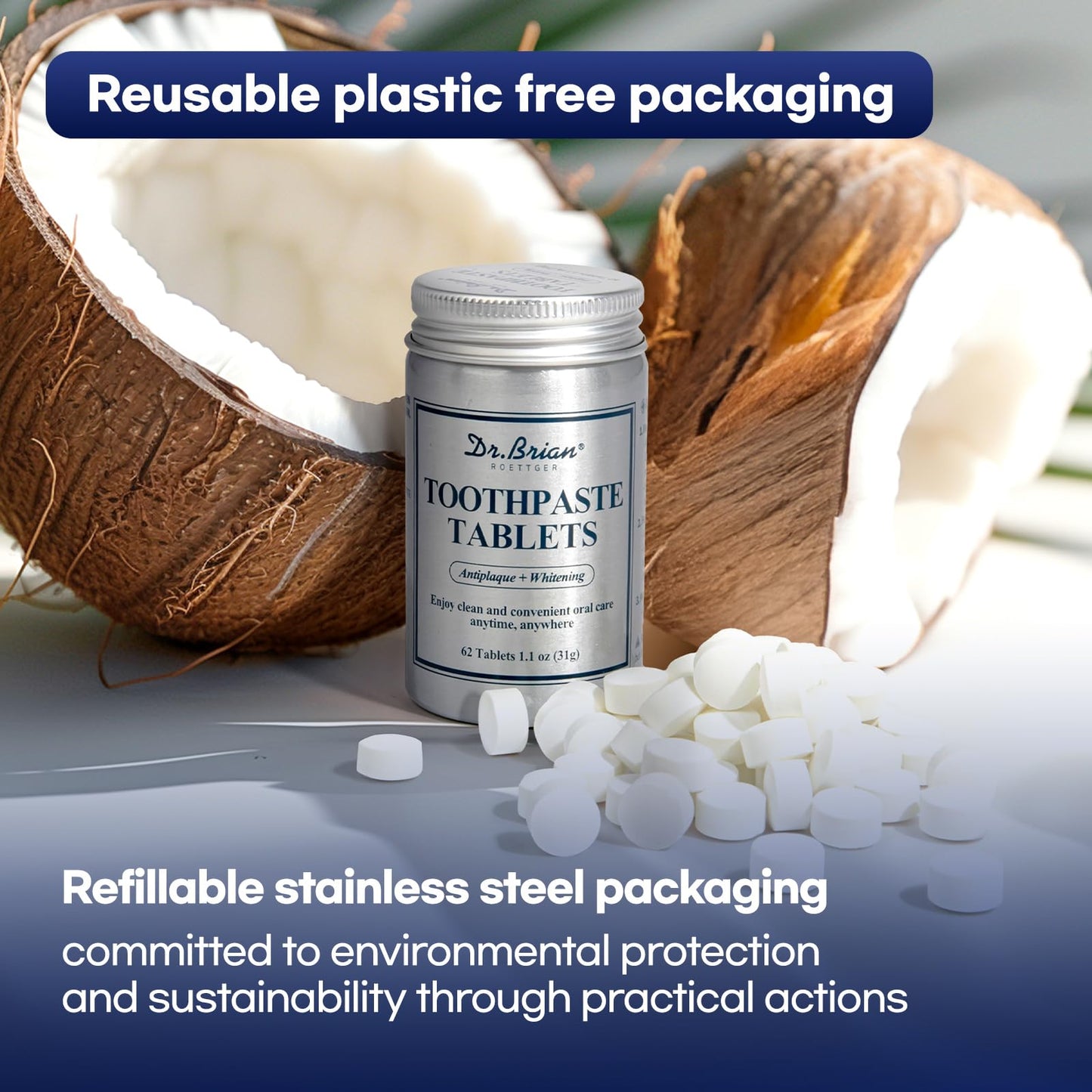 DR.BRIAN ROETTGER Toothpaste Tablets - Nano Hydroxyapatite Natural Whitening, Fluoride & Plastic Free, Eco-Friendly Travel Toothpaste Reduce Sensitivity, Remineralize (Mint, 62 Count)