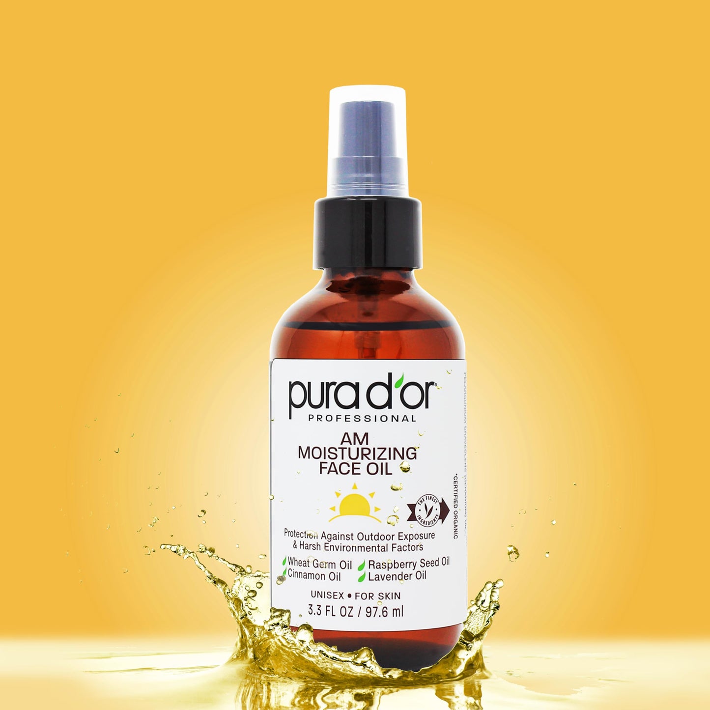 PURA D'OR 3.3 Oz ORGANIC AM Moisturizing Face Oil - Morning Glow Hydrating Skincare -Lightweight Moisturizer for Glowing Skin - All Natural, Vegan, Paraben-Free - Women & Men