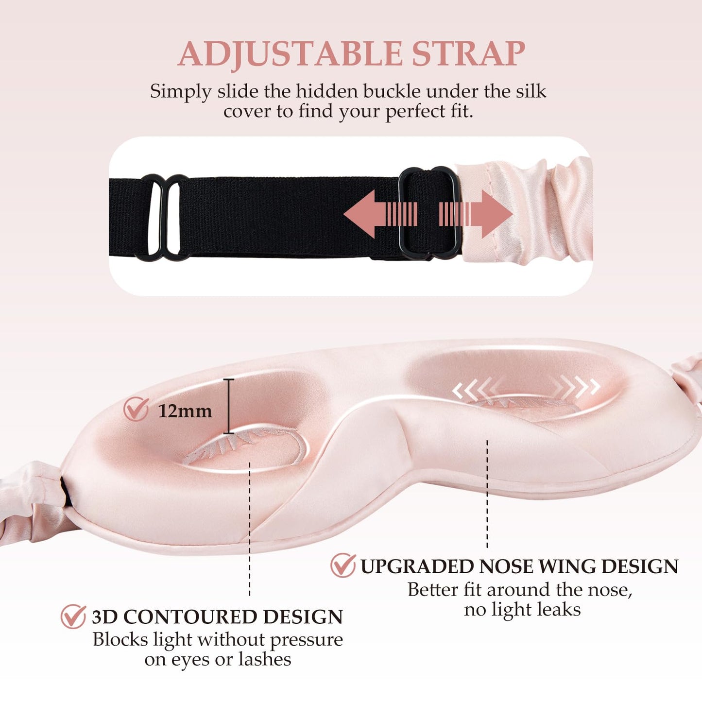 SGMSILK 100% 22 Momme Mulberry Silk Sleep Mask with Adjustable Strap, 3D Contoured Cup Silk Eye Mask for Sleeping, Total Black Out, Pink