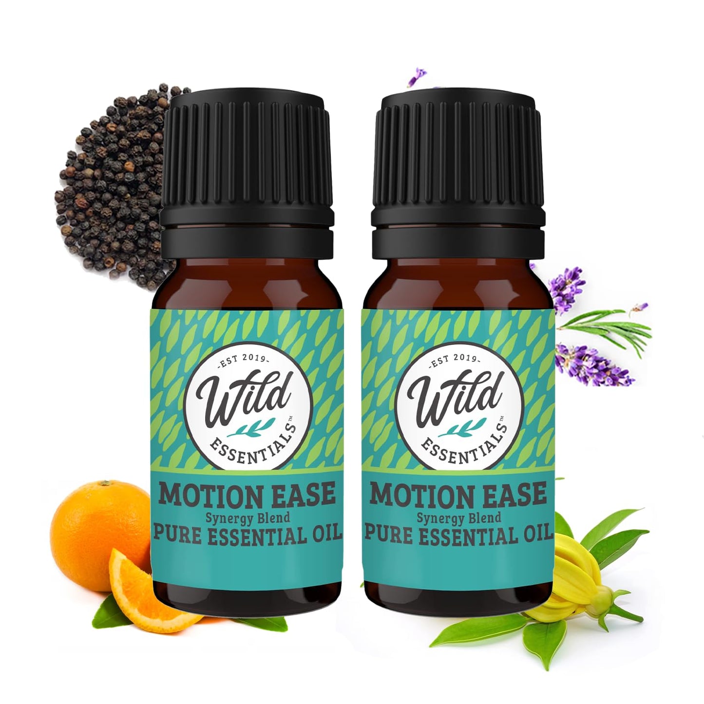Wild Essentials Motion Ease 100% Pure Essential Oil Synergy Blend 2 Pack - 10ml, Formula for Motion Sickness, Nausea, Upset Stomach, Vertigo, Dizzy, seasick, carsick. Made and Bottled in The USA