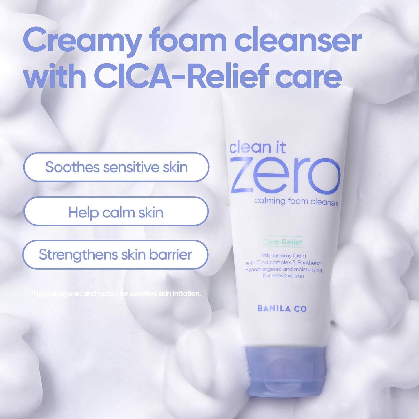 BANILA CO Clean It Zero Calming Foam Cleanser | Rich Lather Hydrating Cleansing With Soothing Finish | CICA Relief for Sensitive Skin | Vegan & Hypoallergenic (150ml / 5.07 fl.oz)