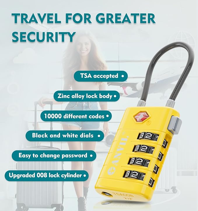 ANVIL 4 Digit Luggage Locks, TSA Locks for Luggage, Advanced TSA008 core, Alert Indicator for Your Travel Lock, Suitcase Lock. (3, Yellow)