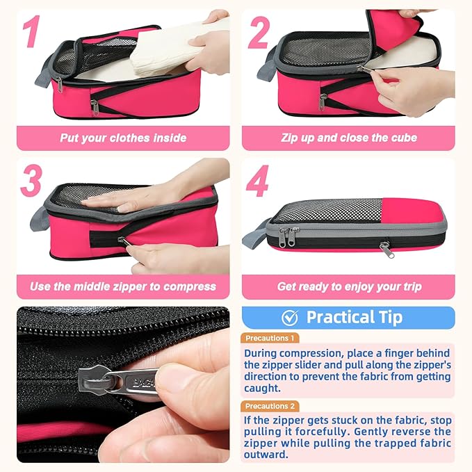 BAGAIL 4 Set/6 Set/8 Set Compression Packing Cubes Travel Accessories Expandable Packing Organizers (Half Mesh, 6-Fuchsia)