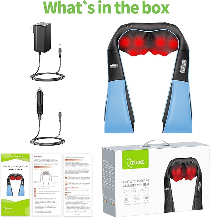 cotsoco Neck Massager, Shiatsu Neck and Back Massager with Heat for Pain Relief, Deep Tissue 3D Kneading Massage Pillow, Relaxation Gifts for Men and Women, Gifts for Dad, Elderly,Wife (Azure)