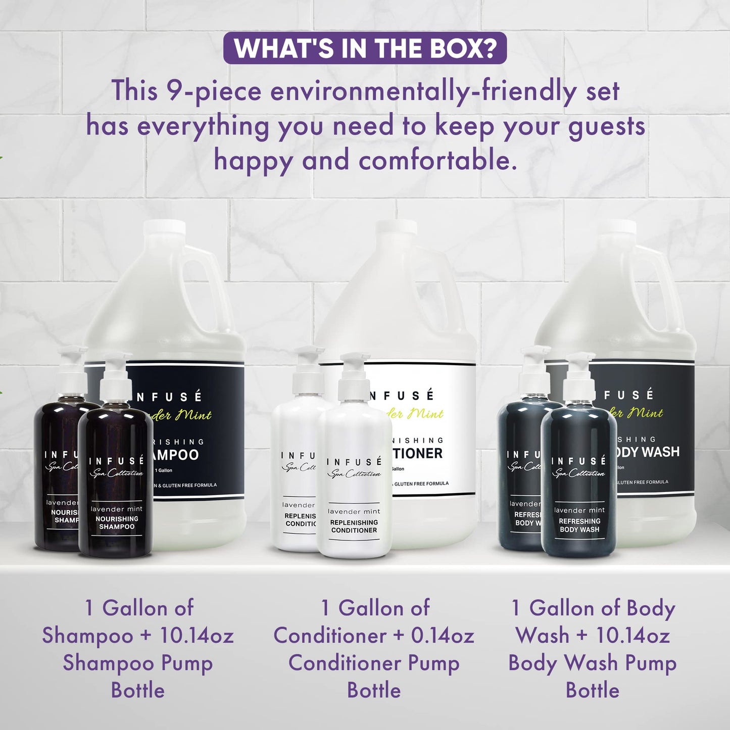 Infuse Lavender Mint Gallon & Dispenser Set | 1-Shoppe Amenities Kit | Shampoo, Conditioner, Body Wash | Refillable 10.14 oz Pump Bottles