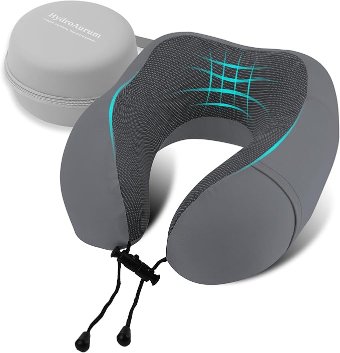 HydroAurum Travel Pillow 100% Pure Memory Foam Neck Pillow for Traveling – Ergonomic Neck Support Pillow for Airplane, Soft & Breathable Cover, Washable & Portable with Travel Bag