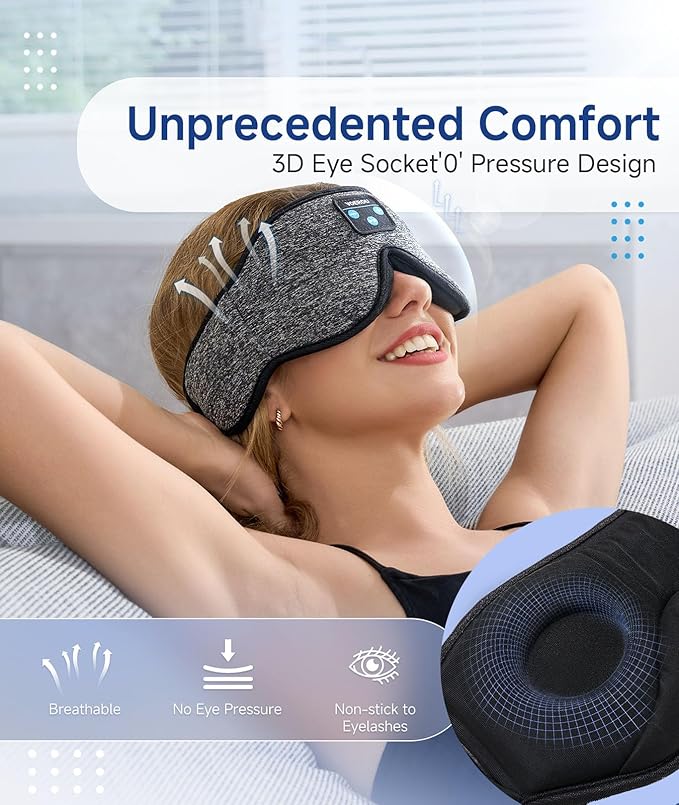 Voerou Sleep Mask with Bluetooth Headphones, Zero Pressure Wireless Sleeping Eye Mask, 100% Light Blocking Sleep Headphones for Side Sleepers, Suitable for Sleep Nap Travel, Cool Gadgets Unique Gifts