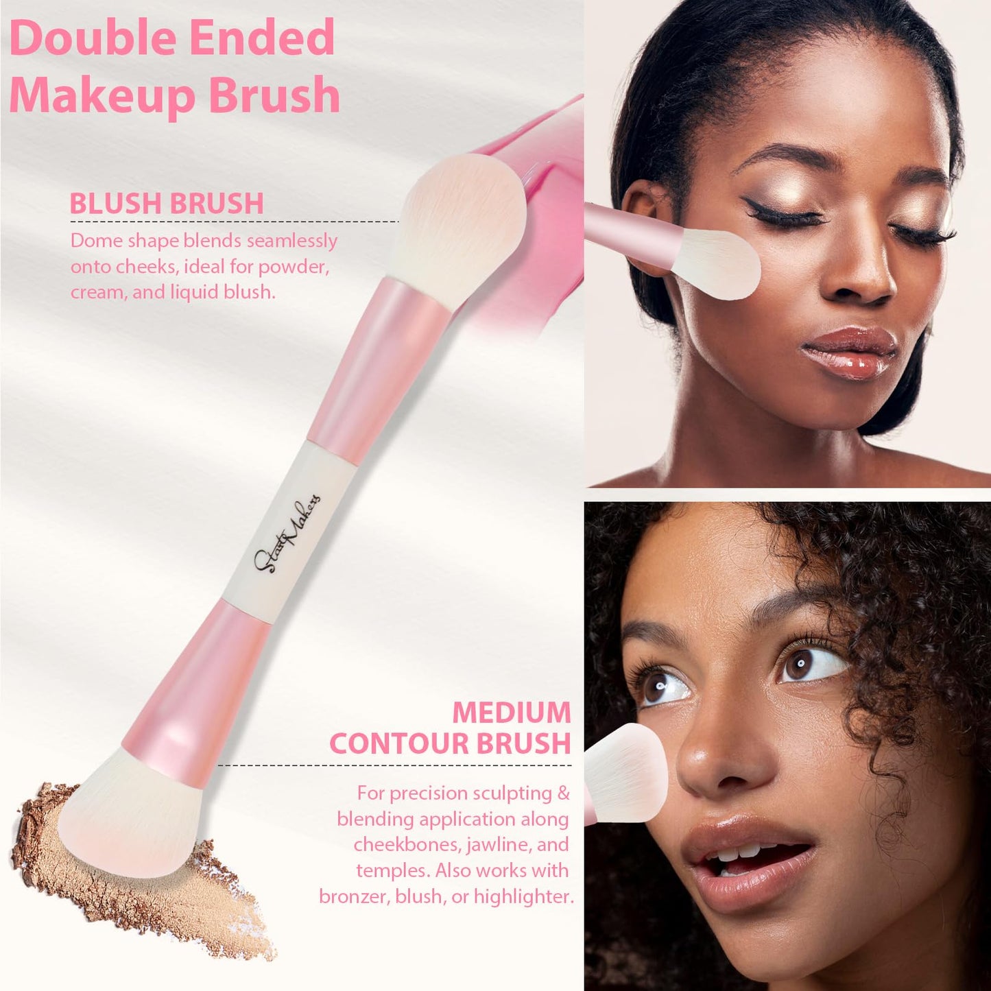 START MAKERS Makeup Brushes 5Pcs Dual Ended Pink Makeup Brush Set for Foundation Blush Bronzer Concealer Contour Powder Highlight Eyebrow Eyeshadow Blending, Travel Makeup Brushes with Bag