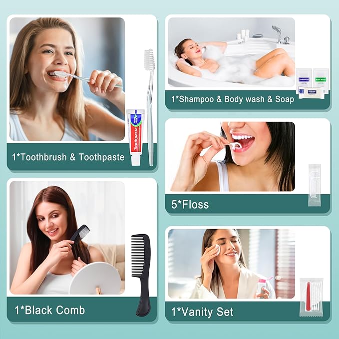 20 Sets Personal Hygiene Kit Bulk, Disposable Toothbrushes with Toothpaste Floss Comb Soap Cover Shampoo Body Wash and Vanity Kit, Toiletry Kits Homeless Supplies Bulk for Women,Men,Travel,Homeless