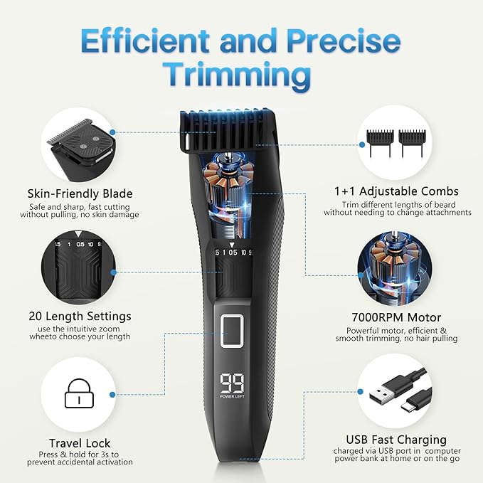 Beard Trimmer for Men, 20 Length Adjustable, Cordless Waterproof Clippers, Stainless Steel T-Blade for Precision Facial Hair Trimming with 2 Guide Combs, Travel Lock, LED Display