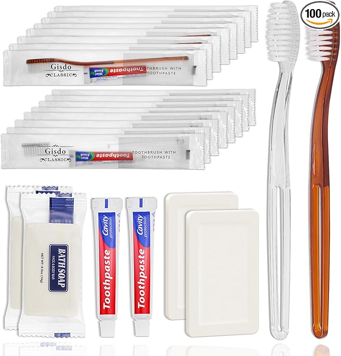 100 Pack Disposable Toothbrushes with Toothpaste Soap Individually Wrapped, 100 pcs Toothbrushes (2 Colors) with 100 pcs Bar Soap(14g/0.5 oz)