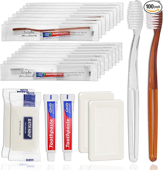100 Pack Disposable Toothbrushes with Toothpaste Soap Individually Wrapped, 100 pcs Toothbrushes (2 Colors) with 100 pcs Bar Soap(14g/0.5 oz)