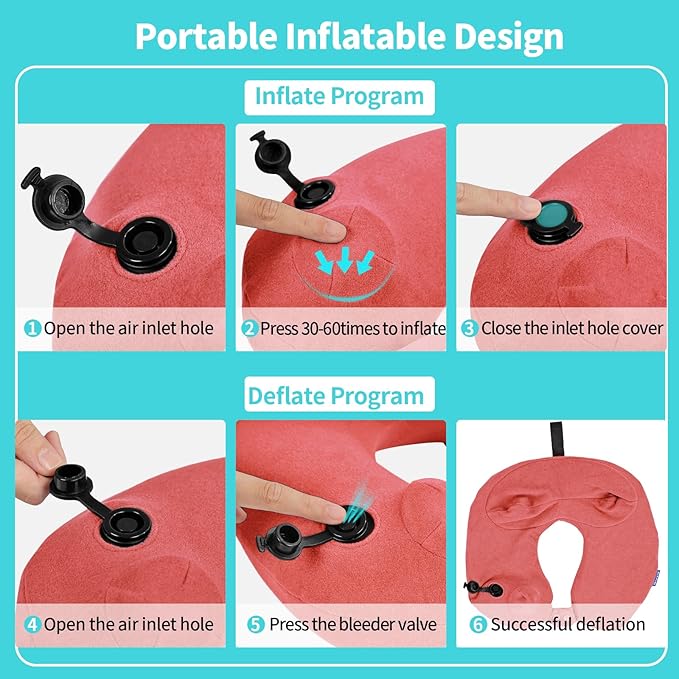 Inflatable Travel Neck Pillow for Airplane, Head Support Velvet Adult Neck Pillow for Long Flight, Kit with Eye Mask, Earplugs and Storage Bag,1, Rose Pink