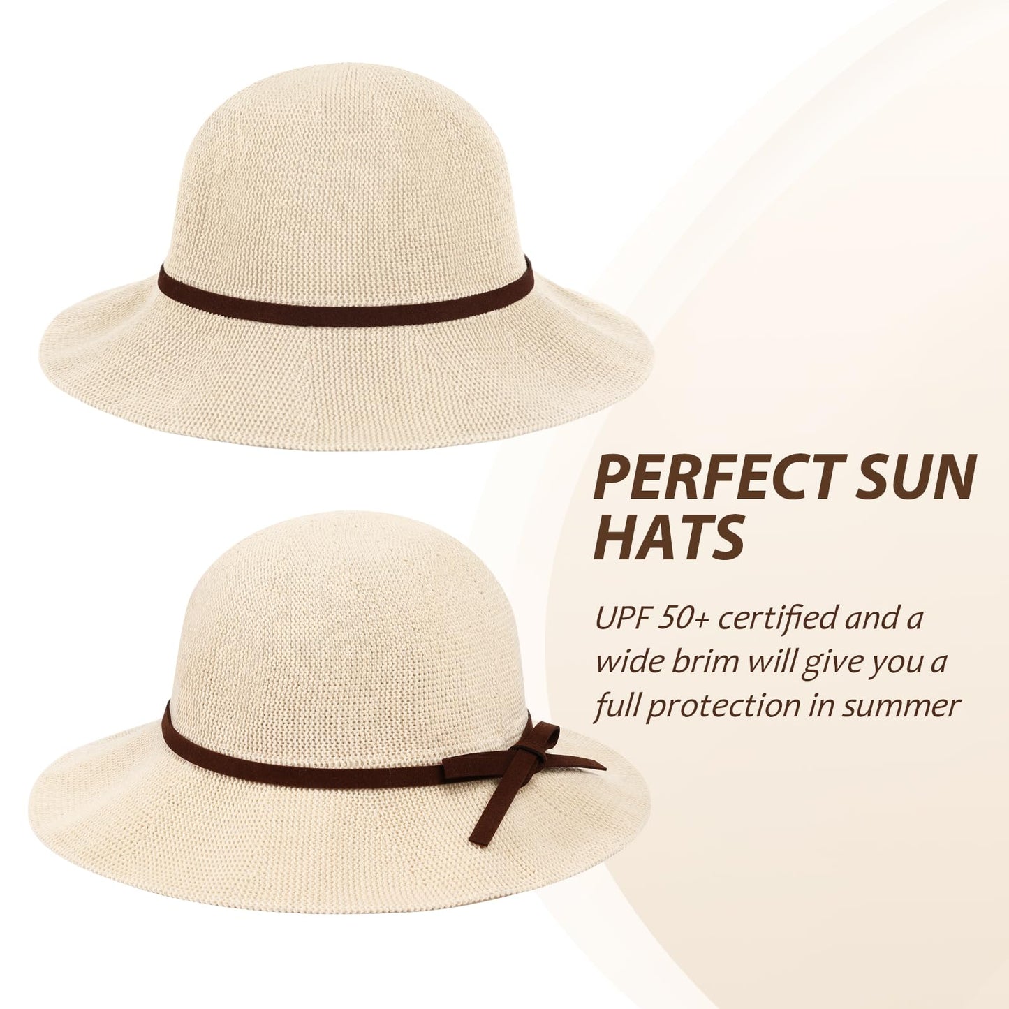 Sun Beach Hats Summer for Women, UPF 50+ UV Sun Protection Wide Brim Woven Crochet Hat Foldable Packable Roll up Knitted Cap, Beige