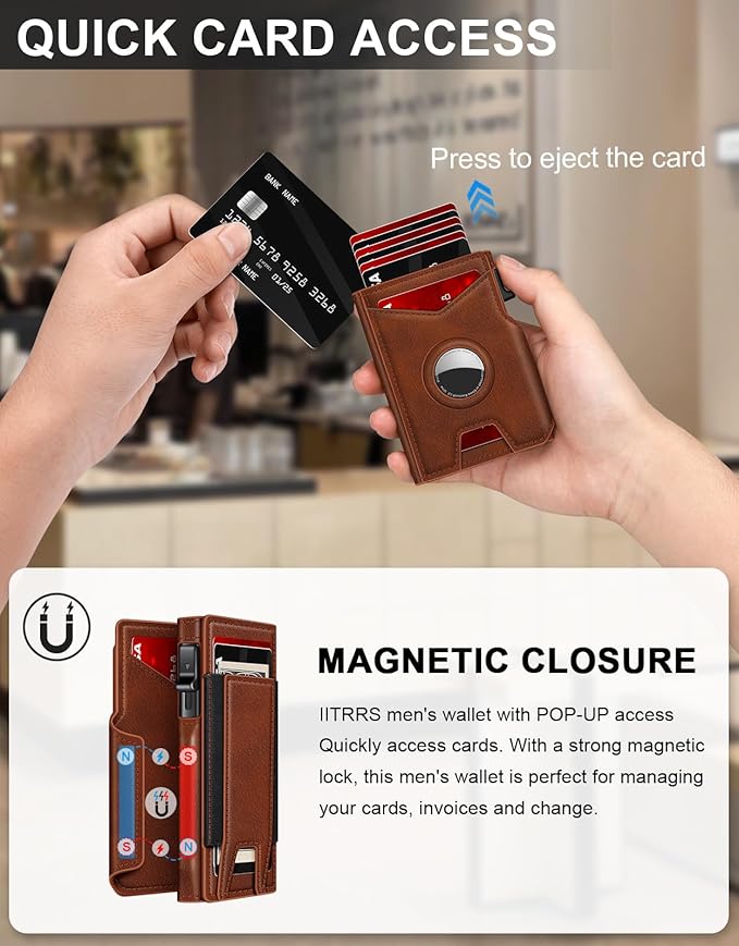 Airtag Wallet for Men, Minimalist Slim Mens Wallet Smart Pop Up Credit Card Holder for 9-13 Cards, RFID Blocking Wallet with ID Window & Cash Slot, Compact Bifold Metal Aluminum Card Case
